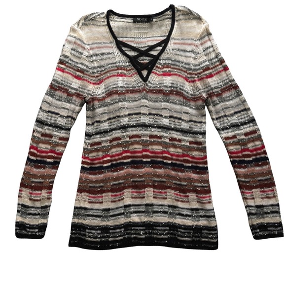 NIC+ZOE Sweaters - NIC+ZOE Womens Striped Linen Blend Lattice V-Neck Knit Sweater medium